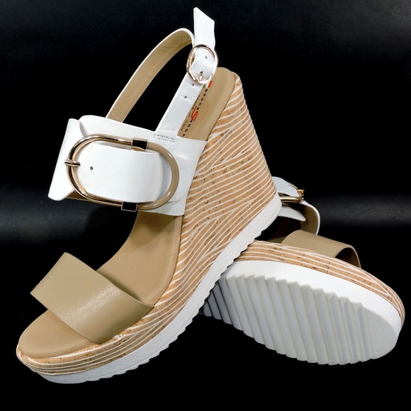 SPACE MODA BY REPO 🇮🇹 WOMENS IVORY COMFORT LEATHER WEDGE  SPACE MODA BY REPO WOMEN\'S BEIGE LEATHER COMFORT MEDGE SUMMER SANDALS
